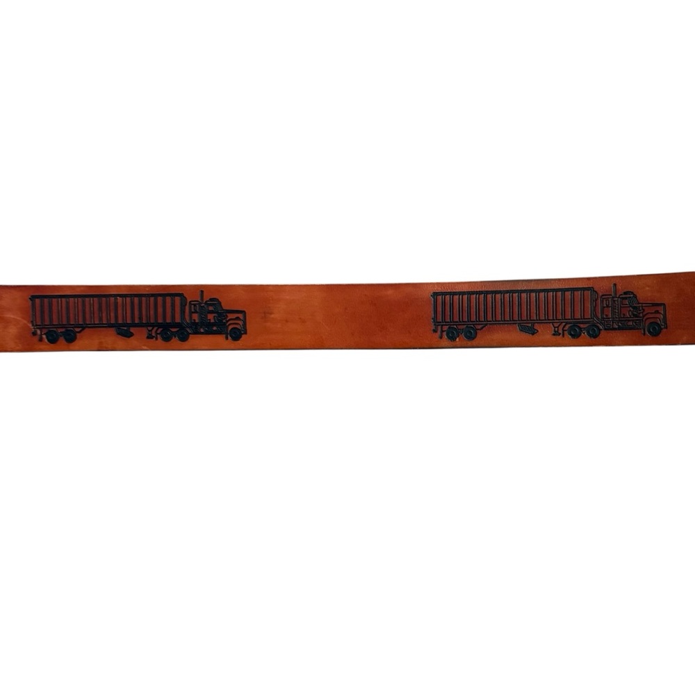 Vintage Tooled Transport Truck Brown Leather Belt Size 34 Removable Buckle USA - Picture 5 of 13